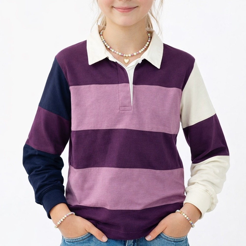 NorthCrest Rugby Shirt Purple Striped Long Sleeve Cotton Polo Medium M 10/12 Kid